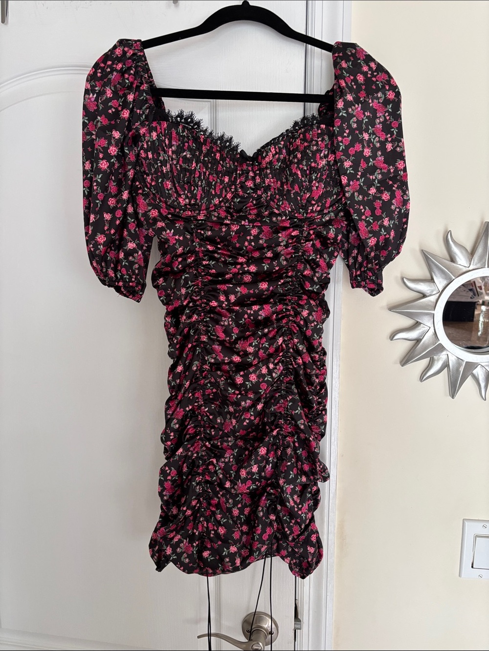 For Love & Lemons Black Mini Dress Pink Floral Ruched Detail-S